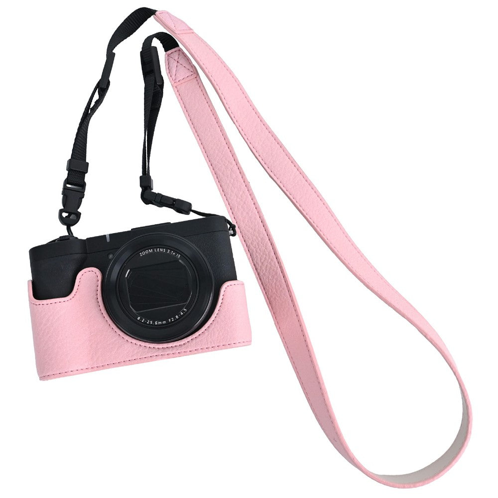 For Canon PowerShot V1 Camera Half Case Litchi Texture Battery Opening PU Leather Cover with Shoulder Strap