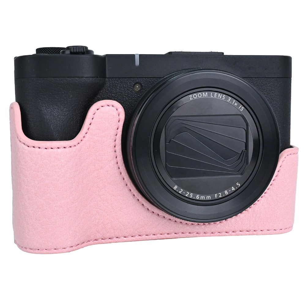For Canon PowerShot V1 Camera Half Case Litchi Texture Battery Opening PU Leather Cover with Shoulder Strap