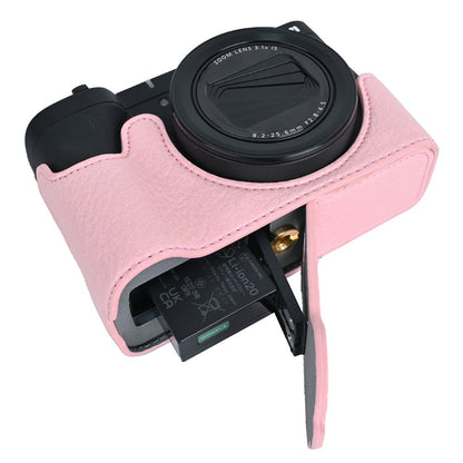 For Canon PowerShot V1 Camera Half Case Litchi Texture Battery Opening PU Leather Cover with Shoulder Strap