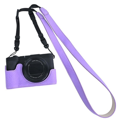 For Canon PowerShot V1 Camera Half Case Litchi Texture Battery Opening PU Leather Cover with Shoulder Strap