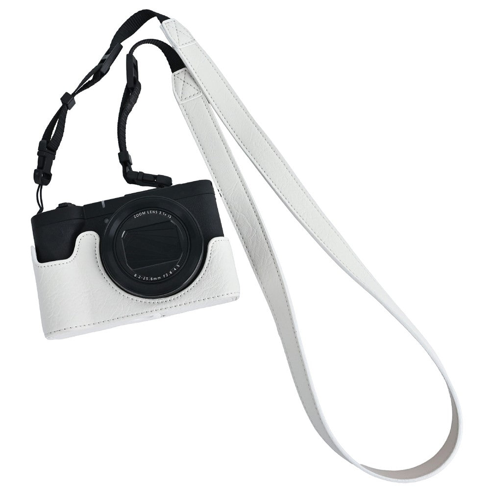 For Canon PowerShot V1 Camera Half Case Litchi Texture Battery Opening PU Leather Cover with Shoulder Strap