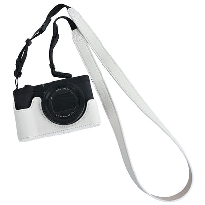 For Canon PowerShot V1 Camera Half Case Litchi Texture Battery Opening PU Leather Cover with Shoulder Strap