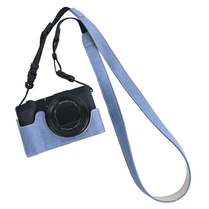 For Canon PowerShot V1 Camera Half Case Litchi Texture Battery Opening PU Leather Cover with Shoulder Strap