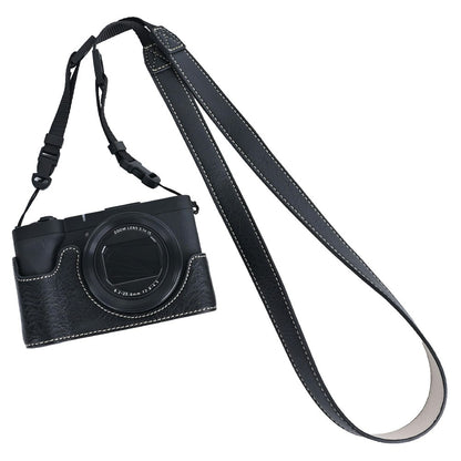 For Canon PowerShot V1 Camera Half Case Litchi Texture Battery Opening PU Leather Cover with Shoulder Strap