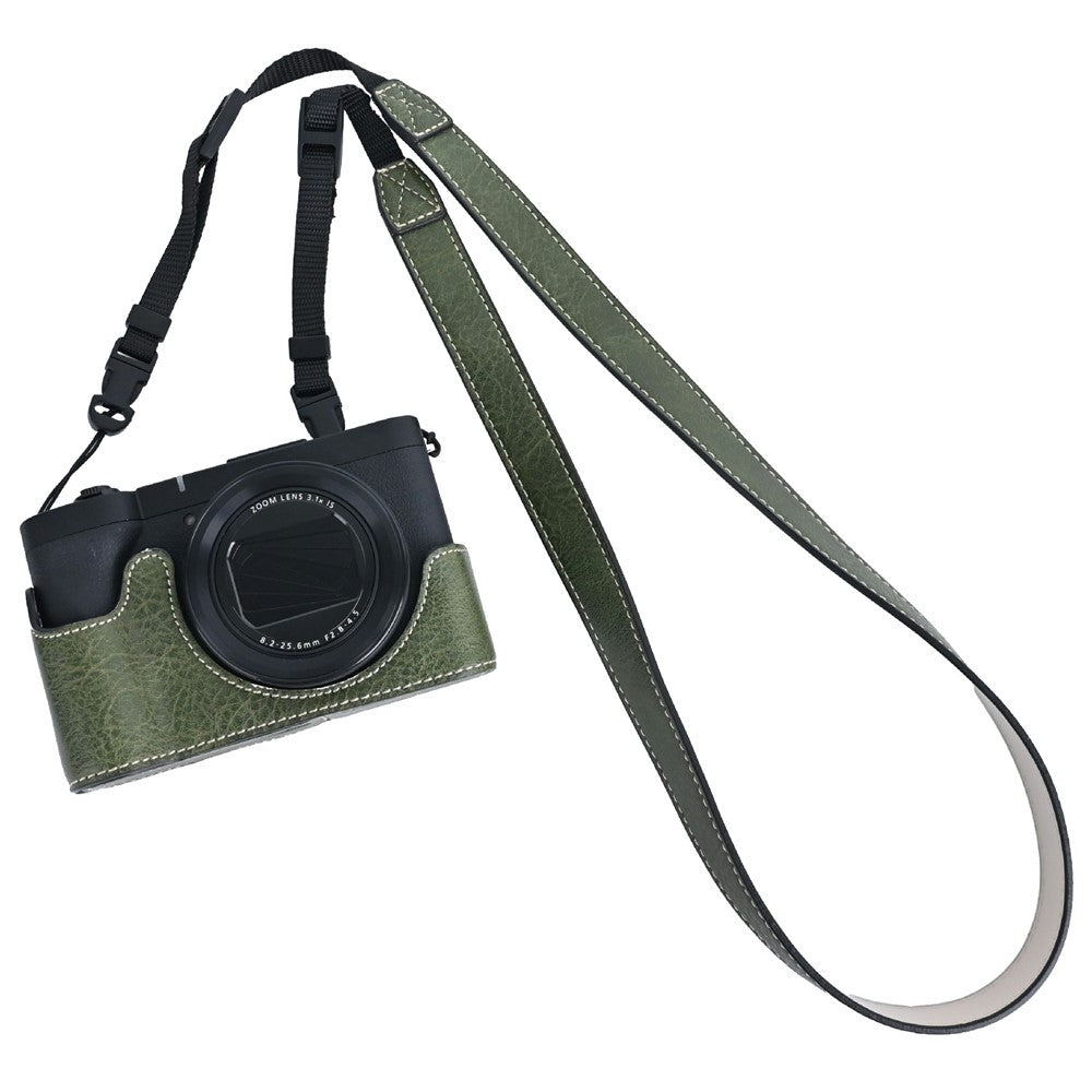 For Canon PowerShot V1 Camera Half Case Litchi Texture Battery Opening PU Leather Cover with Shoulder Strap