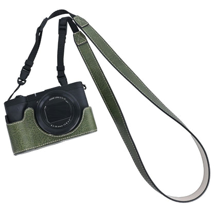 For Canon PowerShot V1 Camera Half Case Litchi Texture Battery Opening PU Leather Cover with Shoulder Strap