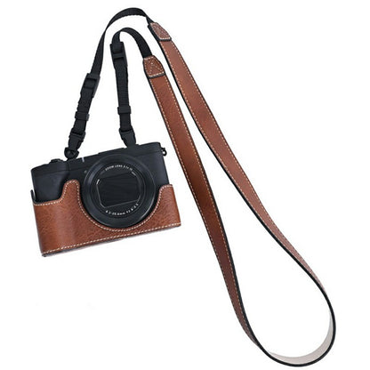 For Canon PowerShot V1 Camera Half Case Litchi Texture Battery Opening PU Leather Cover with Shoulder Strap