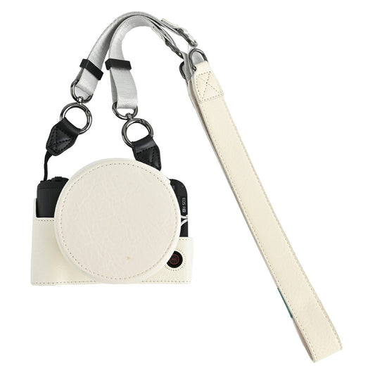 For Canon EOS R50 V Camera Half Case Litchi Texture Battery Opening PU Leather Cover with Shoulder Strap and Lens Cap
