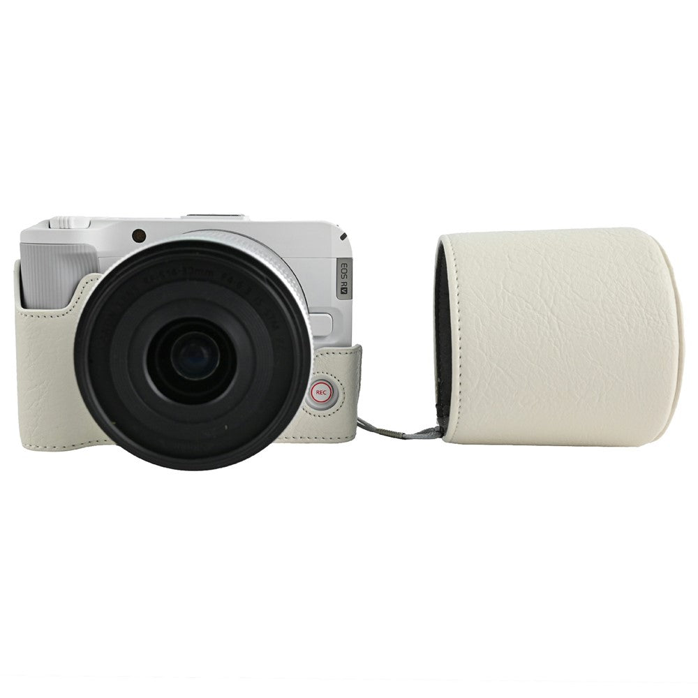 For Canon EOS R50 V Camera Half Case Litchi Texture Battery Opening PU Leather Cover with Shoulder Strap and Lens Cap