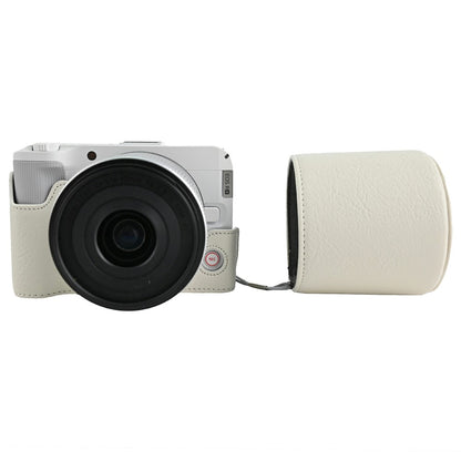 For Canon EOS R50 V Camera Half Case Litchi Texture Battery Opening PU Leather Cover with Shoulder Strap and Lens Cap