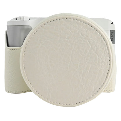 For Canon EOS R50 V Camera Half Case Litchi Texture Battery Opening PU Leather Cover with Shoulder Strap and Lens Cap