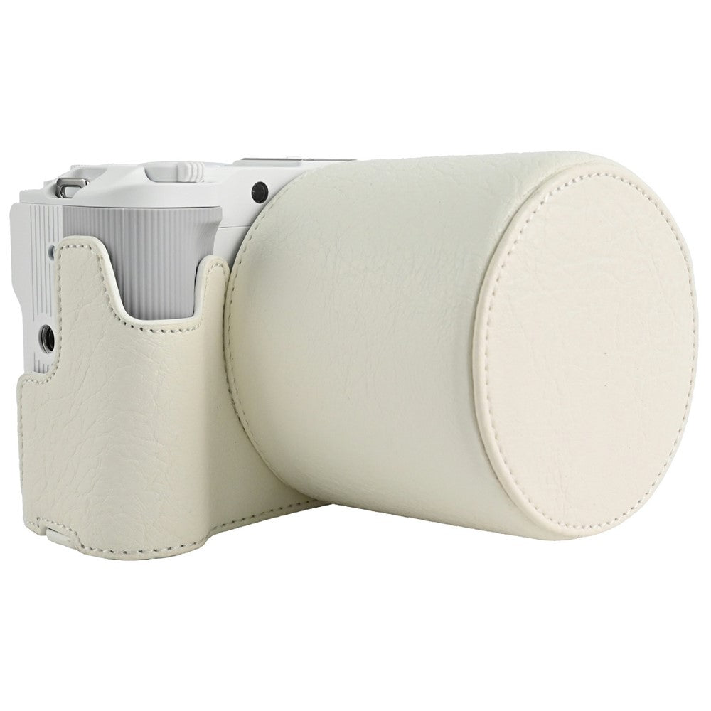 For Canon EOS R50 V Camera Half Case Litchi Texture Battery Opening PU Leather Cover with Shoulder Strap and Lens Cap