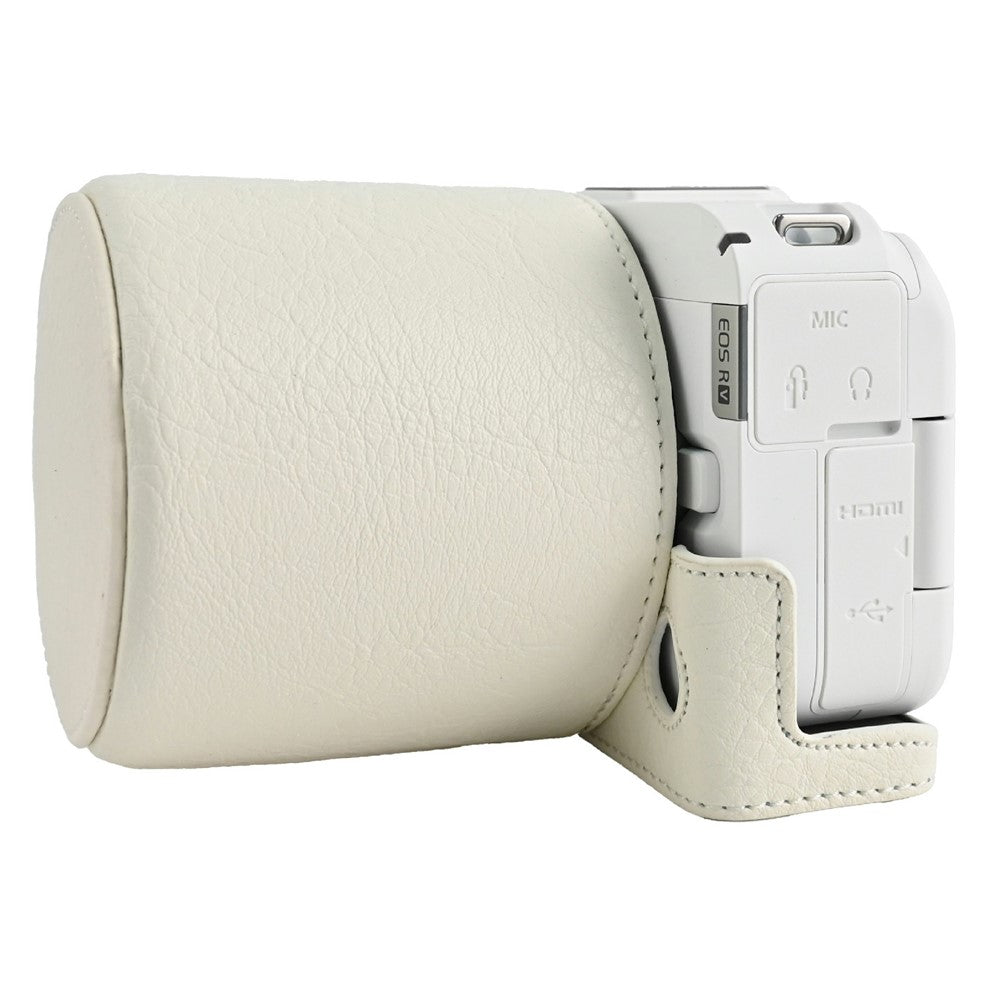 For Canon EOS R50 V Camera Half Case Litchi Texture Battery Opening PU Leather Cover with Shoulder Strap and Lens Cap