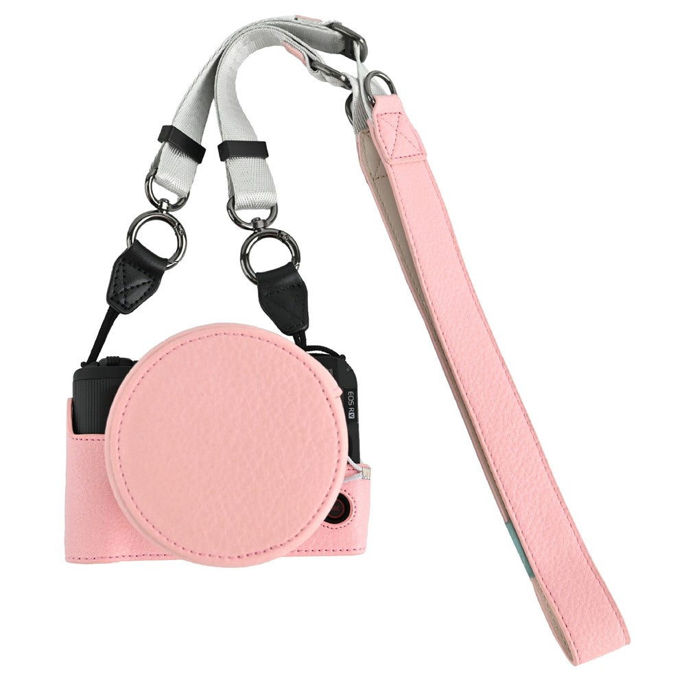 For Canon EOS R50 V Camera Half Case Litchi Texture Battery Opening PU Leather Cover with Shoulder Strap and Lens Cap