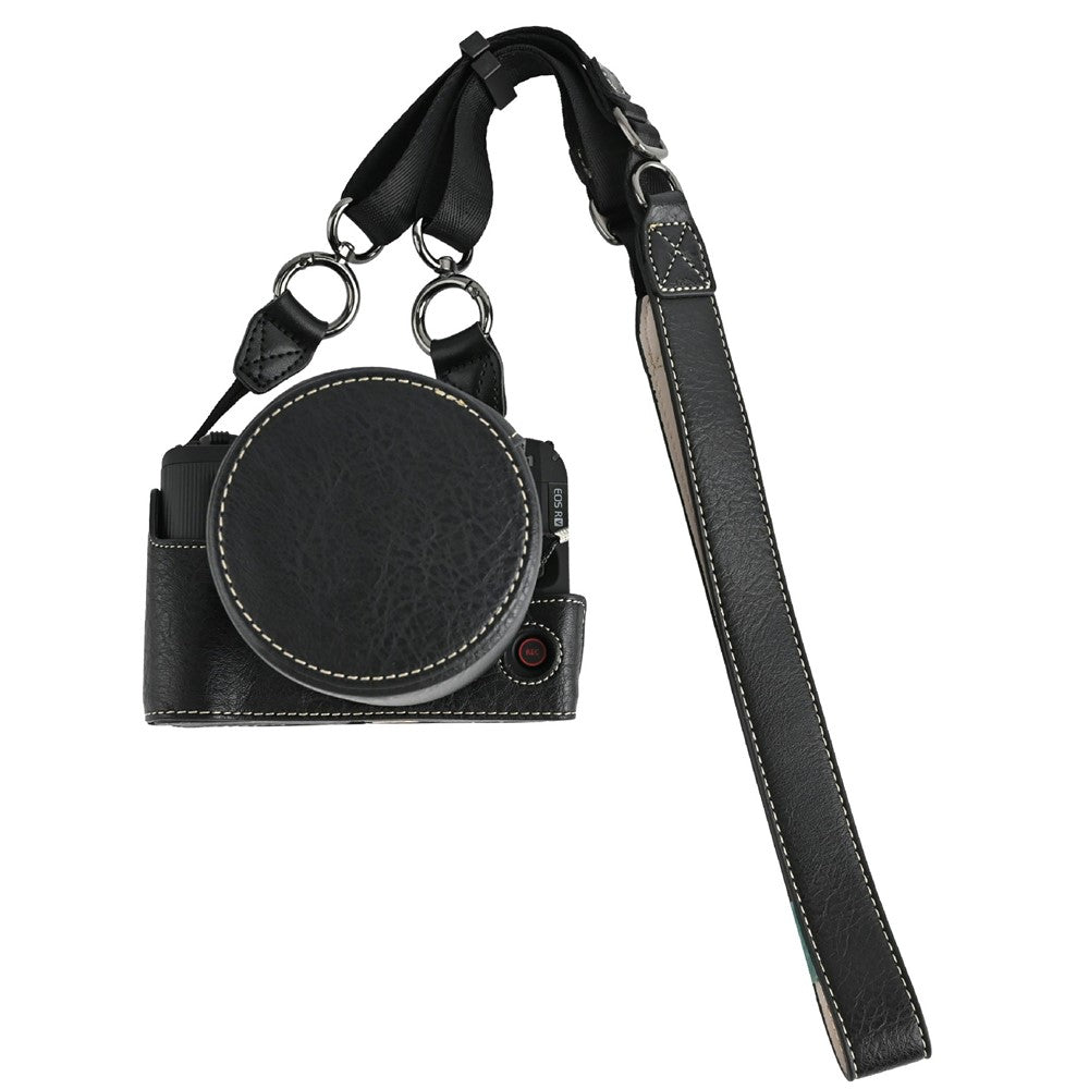 For Canon EOS R50 V Camera Half Case Litchi Texture Battery Opening PU Leather Cover with Shoulder Strap and Lens Cap