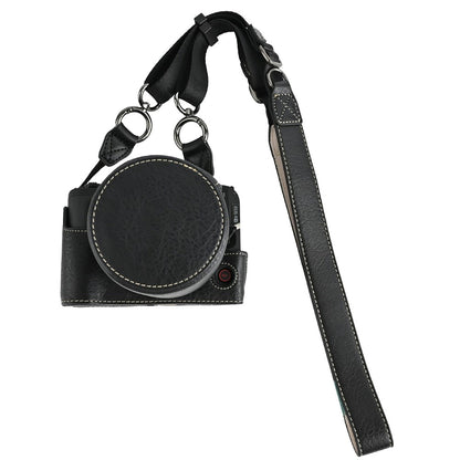 For Canon EOS R50 V Camera Half Case Litchi Texture Battery Opening PU Leather Cover with Shoulder Strap and Lens Cap