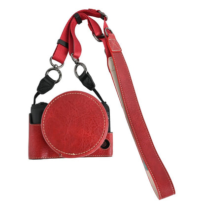 For Canon EOS R50 V Camera Half Case Litchi Texture Battery Opening PU Leather Cover with Shoulder Strap and Lens Cap