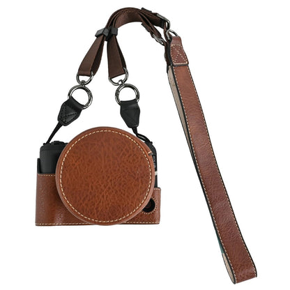 For Canon EOS R50 V Camera Half Case Litchi Texture Battery Opening PU Leather Cover with Shoulder Strap and Lens Cap