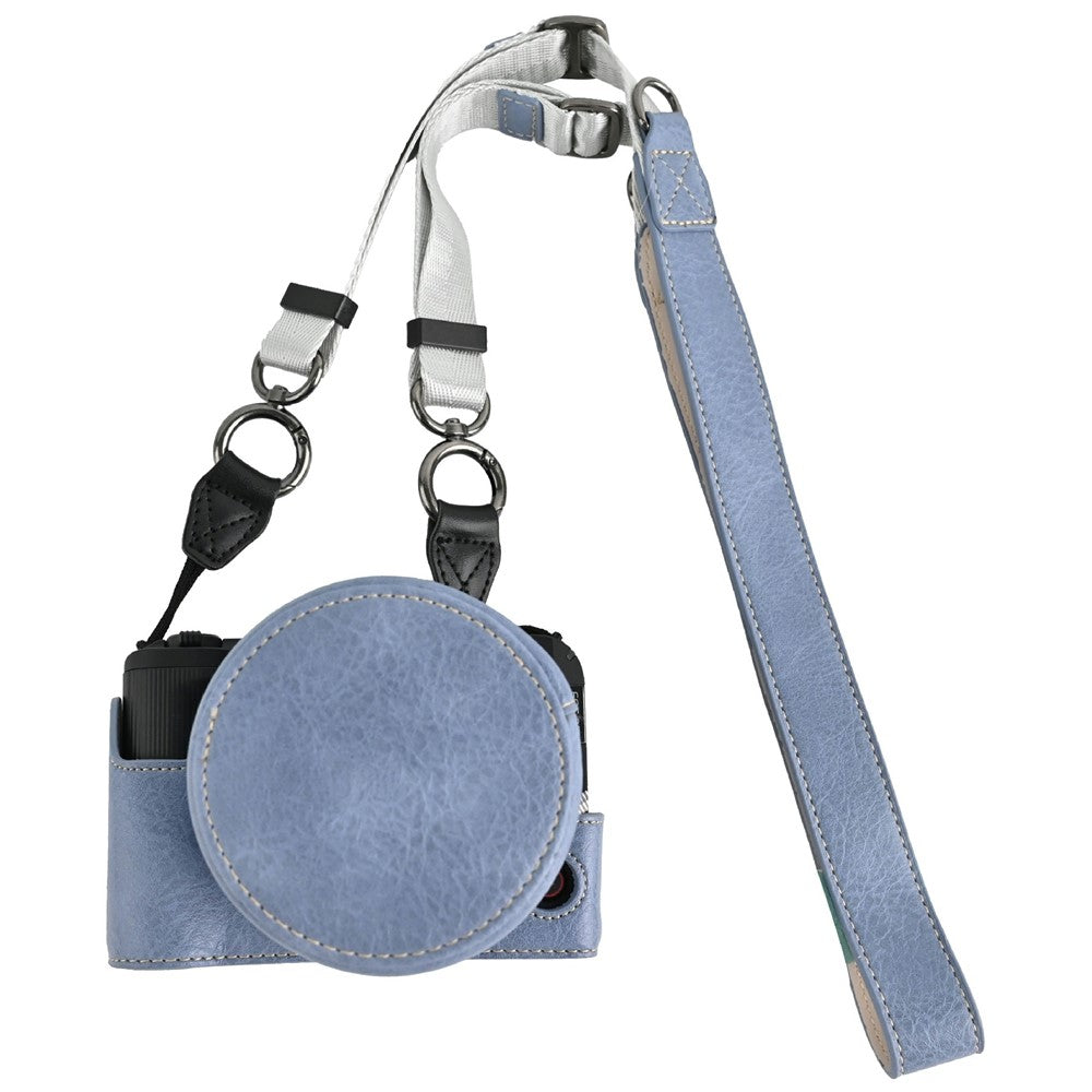 For Canon EOS R50 V Camera Half Case Litchi Texture Battery Opening PU Leather Cover with Shoulder Strap and Lens Cap