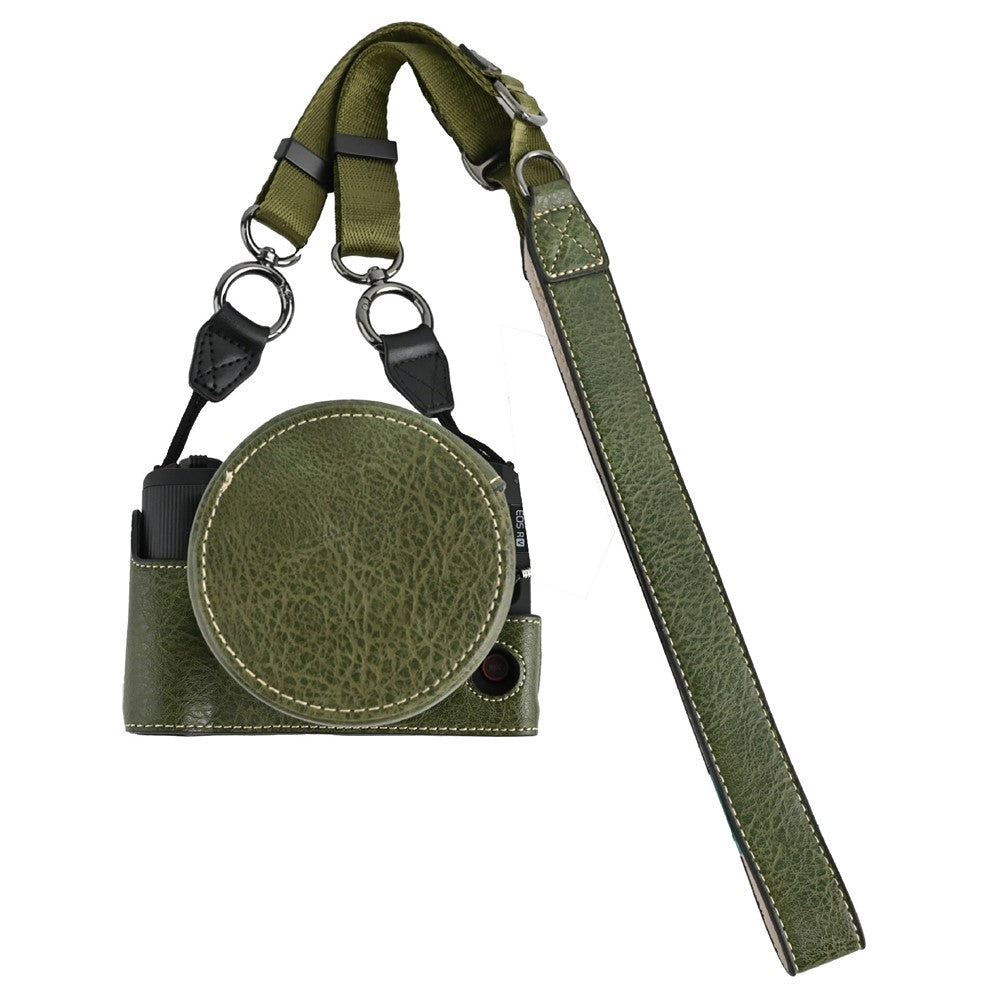 For Canon EOS R50 V Camera Half Case Litchi Texture Battery Opening PU Leather Cover with Shoulder Strap and Lens Cap