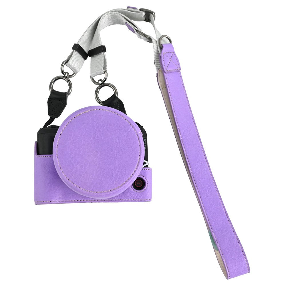 For Canon EOS R50 V Camera Half Case Litchi Texture Battery Opening PU Leather Cover with Shoulder Strap and Lens Cap