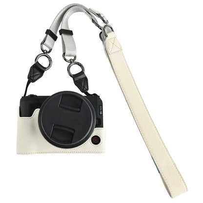 For Canon EOS R50 V Camera Half Case Litchi Texture Battery Opening PU Leather Cover with Shoulder Strap