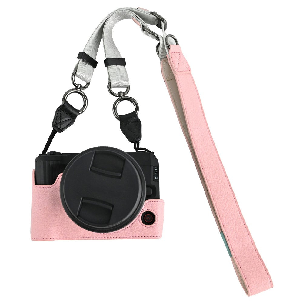 For Canon EOS R50 V Camera Half Case Litchi Texture Battery Opening PU Leather Cover with Shoulder Strap