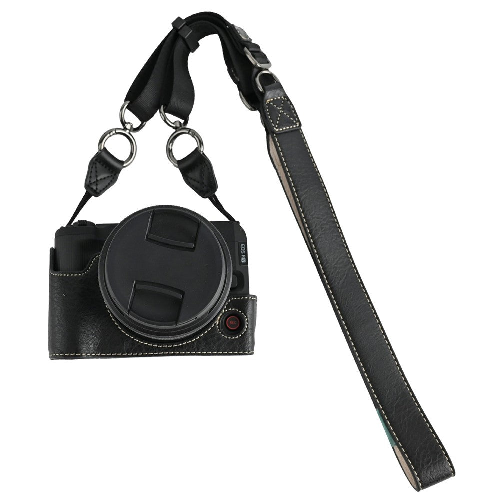 For Canon EOS R50 V Camera Half Case Litchi Texture Battery Opening PU Leather Cover with Shoulder Strap