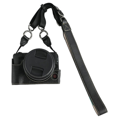 For Canon EOS R50 V Camera Half Case Litchi Texture Battery Opening PU Leather Cover with Shoulder Strap
