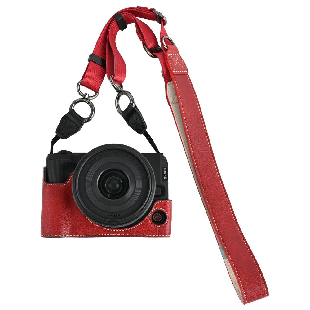 For Canon EOS R50 V Camera Half Case Litchi Texture Battery Opening PU Leather Cover with Shoulder Strap