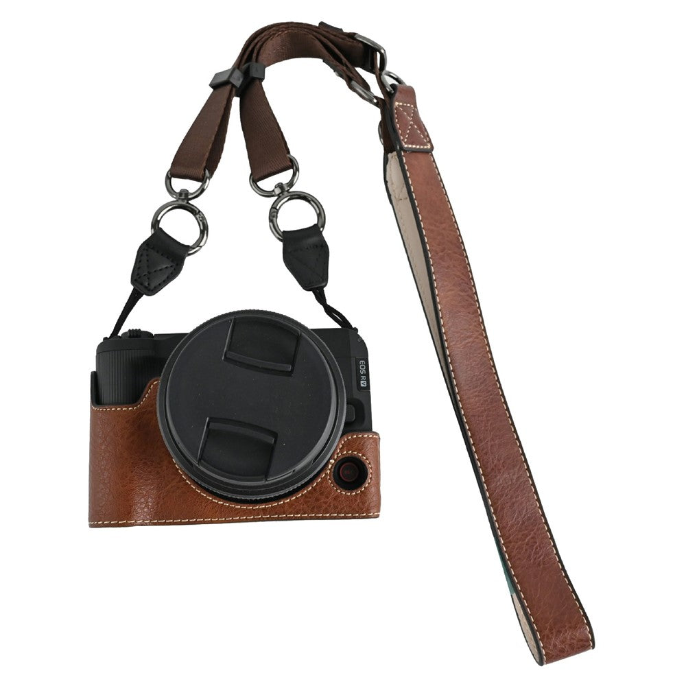 For Canon EOS R50 V Camera Half Case Litchi Texture Battery Opening PU Leather Cover with Shoulder Strap