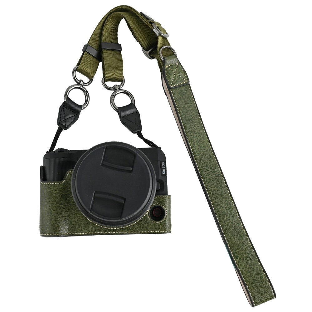 For Canon EOS R50 V Camera Half Case Litchi Texture Battery Opening PU Leather Cover with Shoulder Strap