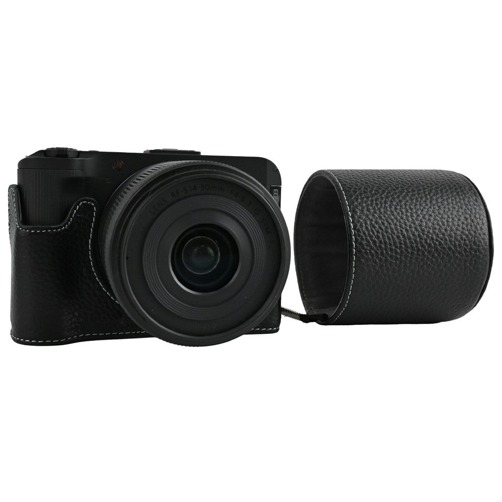 For Canon EOS R50 V Camera Case Genuine Cow Leather Protective Cover with Shoulder Strap and Lens Cap