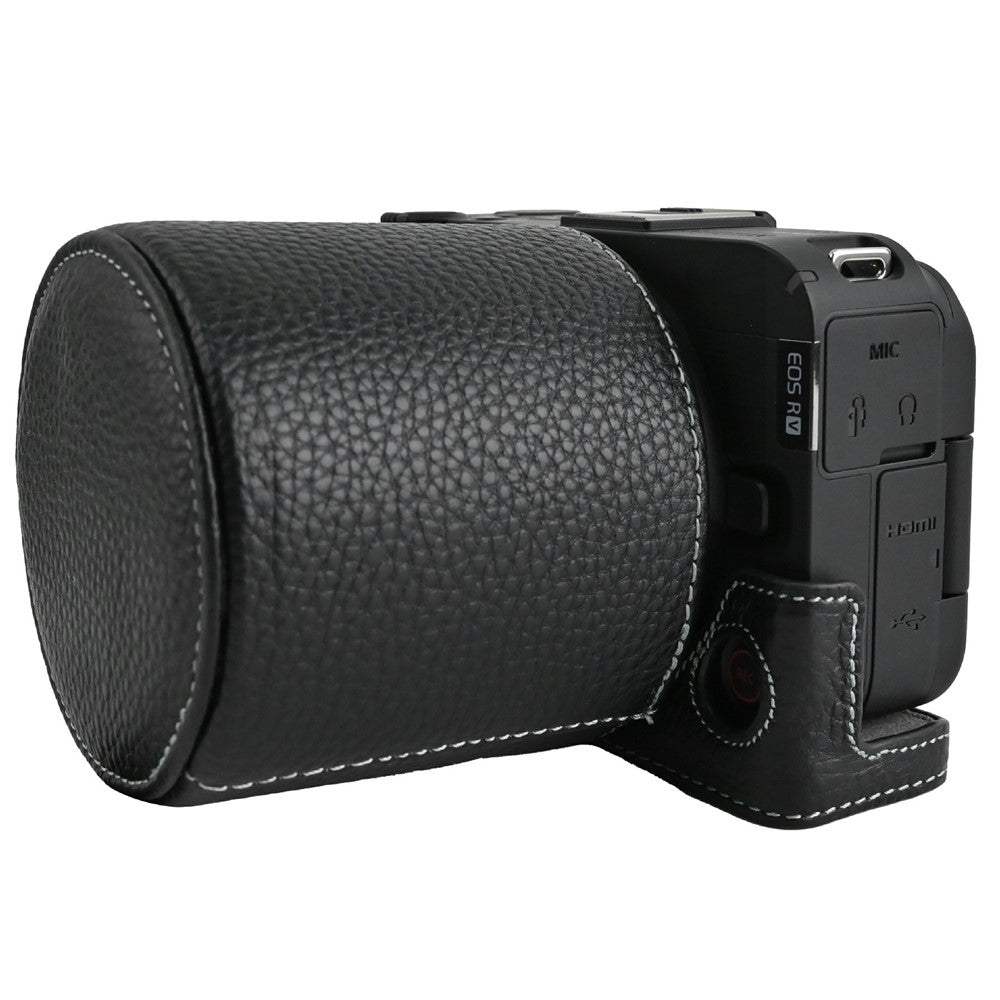 For Canon EOS R50 V Camera Case Genuine Cow Leather Protective Cover with Shoulder Strap and Lens Cap