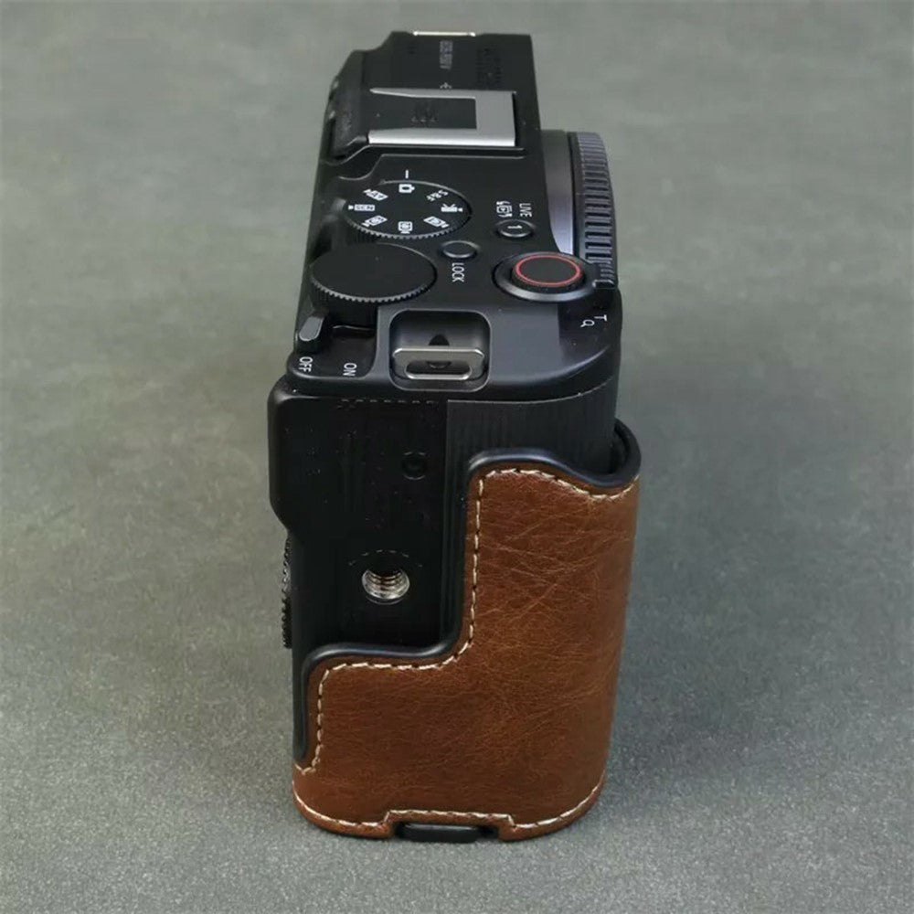 For Canon EOS R50 V Buffalo Texture PU Leather Bottom Case Half Body Camera Cover with Battery Opening