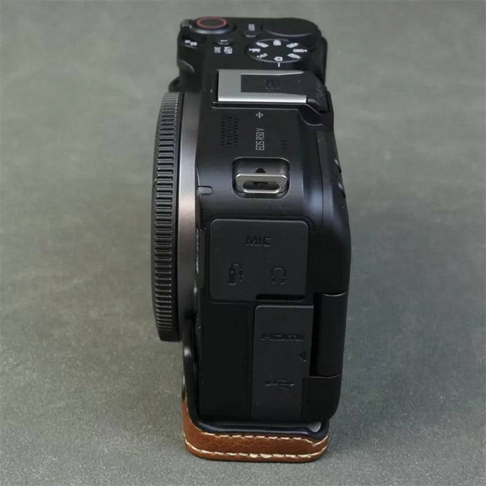 For Canon EOS R50 V Buffalo Texture PU Leather Bottom Case Half Body Camera Cover with Battery Opening