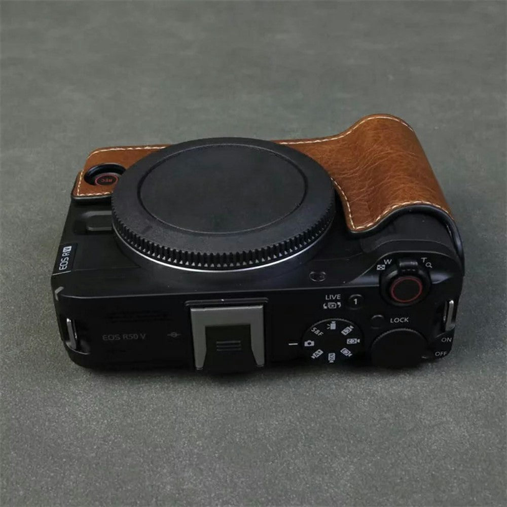 For Canon EOS R50 V Buffalo Texture PU Leather Bottom Case Half Body Camera Cover with Battery Opening