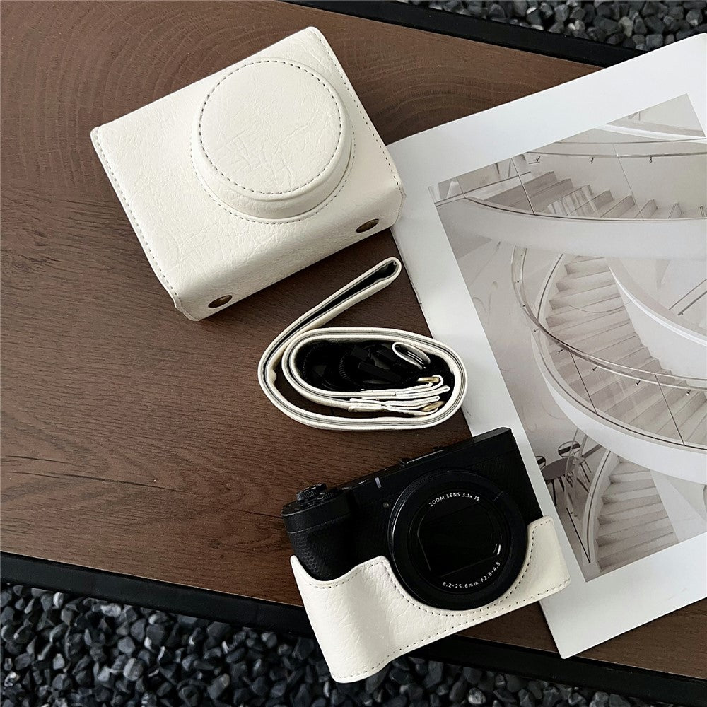 For Canon PowerShot V1 Camera Case Buffalo Texture Battery Opening Design Leather Cover with Shoulder Strap