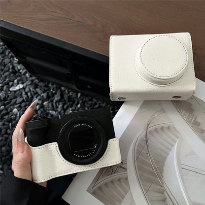 For Canon PowerShot V1 Camera Case Buffalo Texture Battery Opening Design Leather Cover with Shoulder Strap