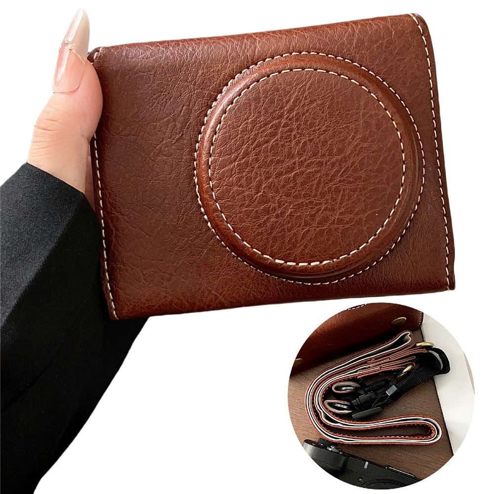For Canon PowerShot V1 Camera Case Buffalo Texture Battery Opening Design Leather Cover with Shoulder Strap
