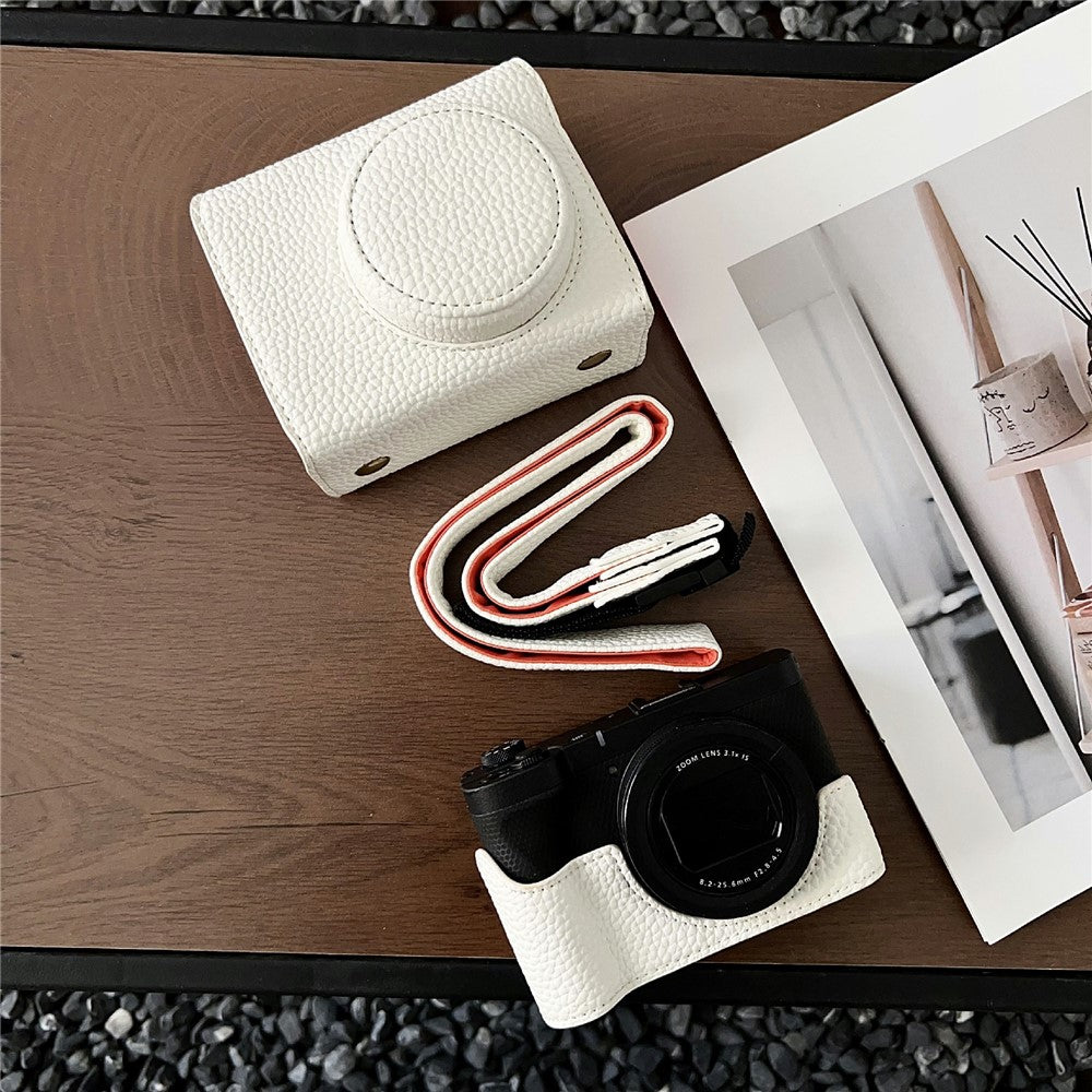 For Canon PowerShot V1 Camera Case Battery Opening Leather Protective Cover with Shoulder Strap