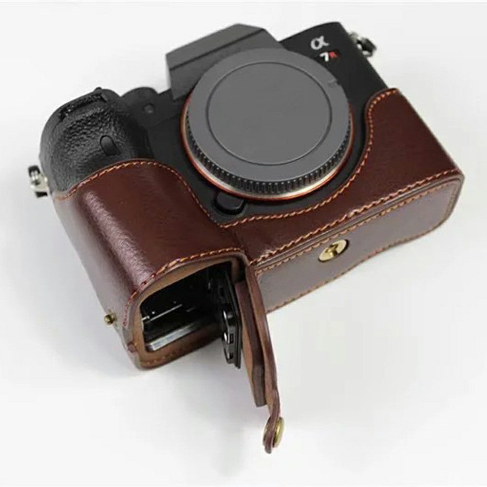 For Sony A7R IV Camera Bottom Case PU Leather Cover with Battery Opening