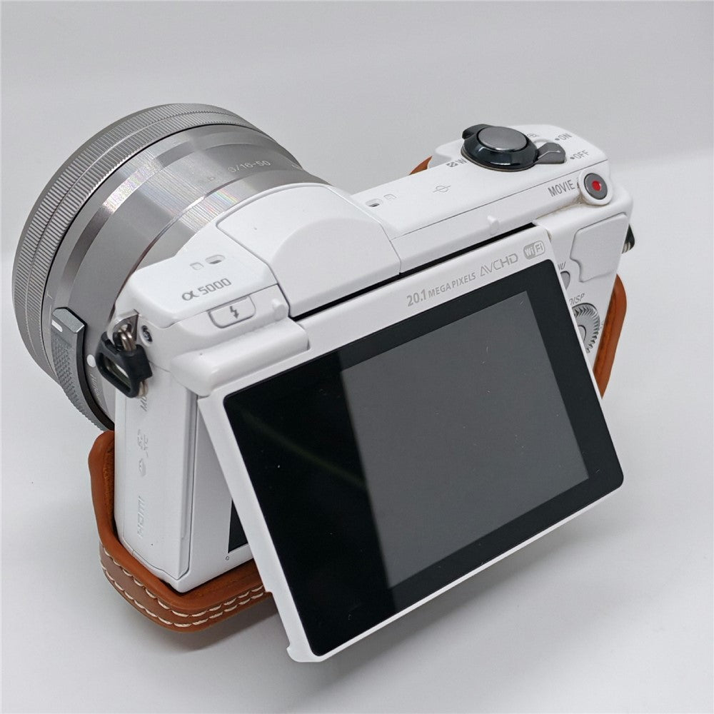 Retro PU Leather Camera Case for Sony A5000  /  A5100  /  NEX3N White Stitch Camera Bag with Shoulder Strap Soft Microfiber Lining Protective Case
