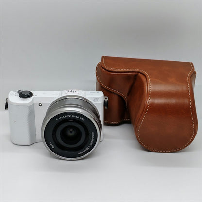 Retro PU Leather Camera Case for Sony A5000  /  A5100  /  NEX3N White Stitch Camera Bag with Shoulder Strap Soft Microfiber Lining Protective Case