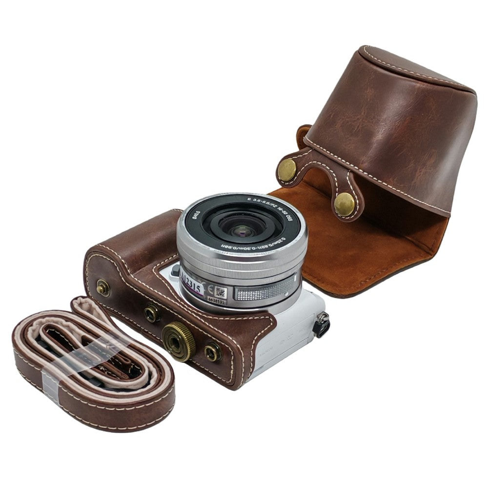 Retro PU Leather Camera Case for Sony A5000  /  A5100  /  NEX3N White Stitch Camera Bag with Shoulder Strap Soft Microfiber Lining Protective Case