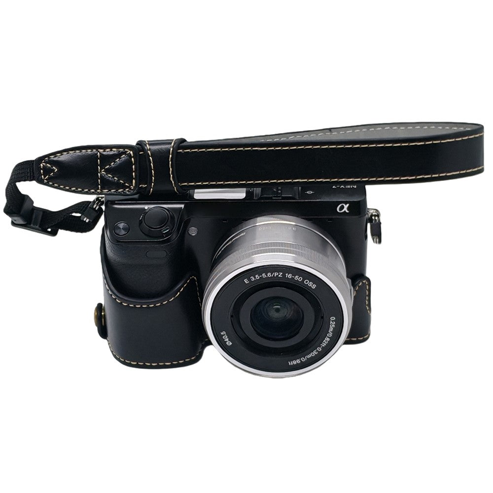 For Sony NEX-7 / NEX-6 PU Leather Camera Case Battery Opening Design Half Body Cover with Hand Strap