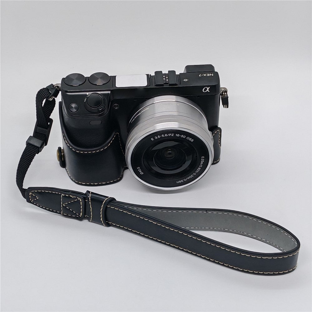 For Sony NEX-7 / NEX-6 PU Leather Camera Case Battery Opening Design Half Body Cover with Hand Strap