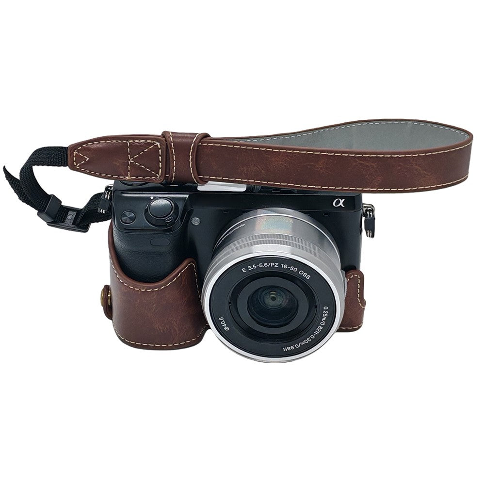 For Sony NEX-7 / NEX-6 PU Leather Camera Case Battery Opening Design Half Body Cover with Hand Strap