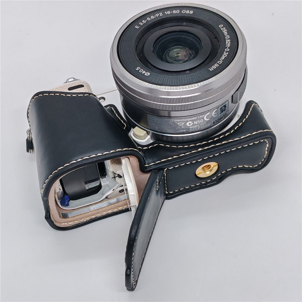 PU Leather Camera Half Case with Strap for Sony NEX-5  /  NEX-5C  /  NEX-5T  /  NEX-5R Camera Protective Cover with Battery Access Tripod Compatible Access