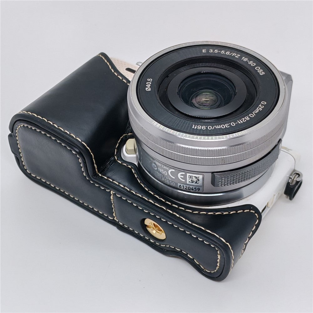 PU Leather Camera Half Case with Strap for Sony NEX-5  /  NEX-5C  /  NEX-5T  /  NEX-5R Camera Protective Cover with Battery Access Tripod Compatible Access